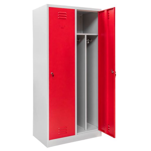 Szafka ubraniowa BHP Mega-M J-80 2 drzwiowa z przegrodami szara/ czerwony front S-80 cm G-50 cm H-180 cm skręcana (wysyłka paletowa) N