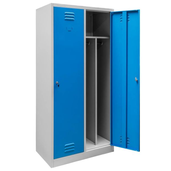 Szafka ubraniowa BHP Mega-M J-80 2 drzwiowa z przegrodami szara/ niebieski front S-80 cm G-50 cm H-180 cm skręcana (przesyłka paletowa) N