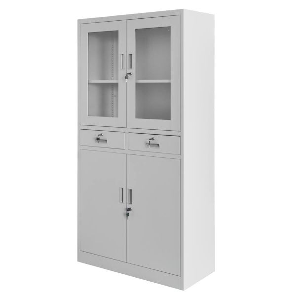 Szafa biurowa metalowa na dokumenty Mega-M WENUS przeszklone drzwi 2 szuflady S-90 cm Szara