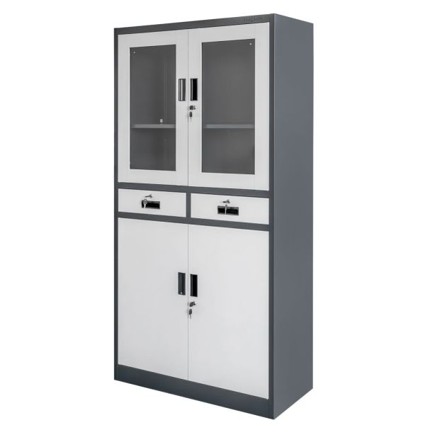 Szafa biurowa metalowa na dokumenty Mega-M WENUS przeszklone drzwi 2 szuflady S-90 cm Grafitowo-Szara