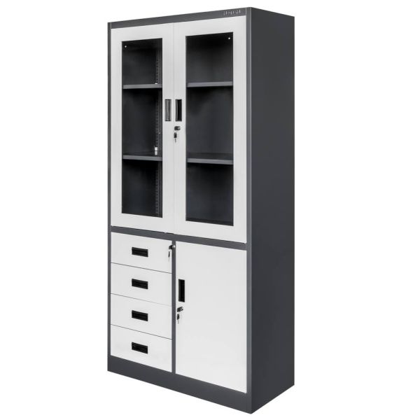Szafa biurowa metalowa na akta Mega-M WENUS przeszklone drzwi 4 szuflady S- 90 Grafitowo-Szara