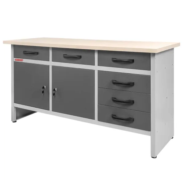 Stół warsztatowy z 6 szufladami i 2 szafkami zamykanymi WERKBERG HANDYMAN S-160 cm G-60 cm H-85 cm grafit/szary